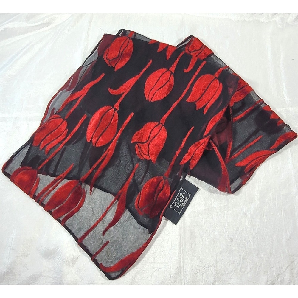 Tie Rack Art of the Scarf Black Mesh Red Velvet Tulip Flowers Scarf - 56x9.5
